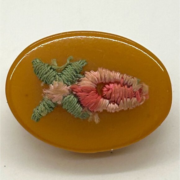 Bakelite Clip-On Earrings Butterscotch Pink & Green Embroidered Floral Vintage - Picture 8 of 15